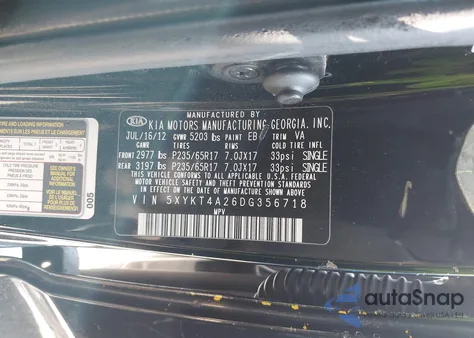 2013 Kia Sorento Lx V6 z USA, uszkodzony, nr VIN 5XYKT4A26DG356718